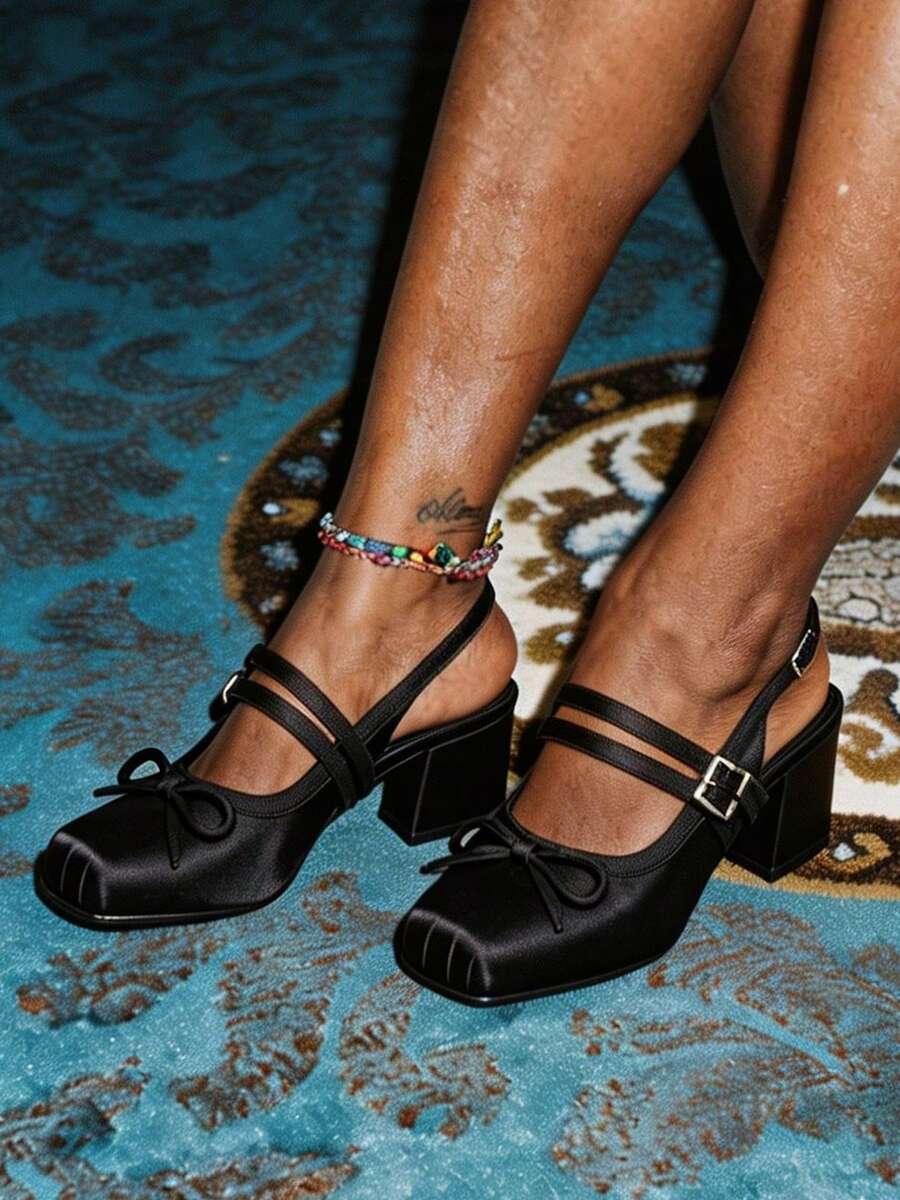 Sweet Bow Chunky Heels Cute Fashionable Square Toe Slingback Pumps Spring&Summer Suitable For Party Banquet Cosplay, Elegant Lady Shoes Woman - Black - View 1