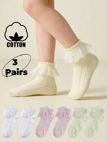 3 Pairs Solid Color Cotton Children's Lace Dance Ruffle Princess Fashion Versatile Party Lace Socks - Multicolor - View 8