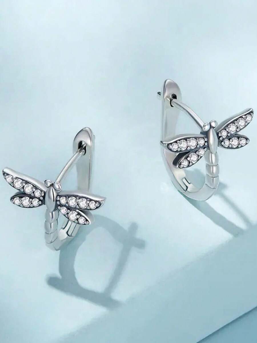 1 Pair Beautiful Dragonfly Shaped Cubic Zirconia Stud Earrings, Suitable For Women To Wear, Can Be Used For Weddings, Engagements, Anniversaries, Valentine's Day And Other Occasions - Silver - View 1
