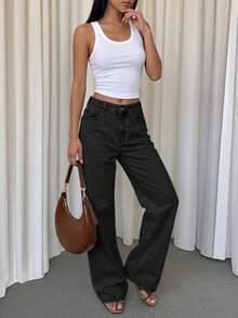 Women's Casual Straight Leg Washed Denim Jeans - Black - View 10