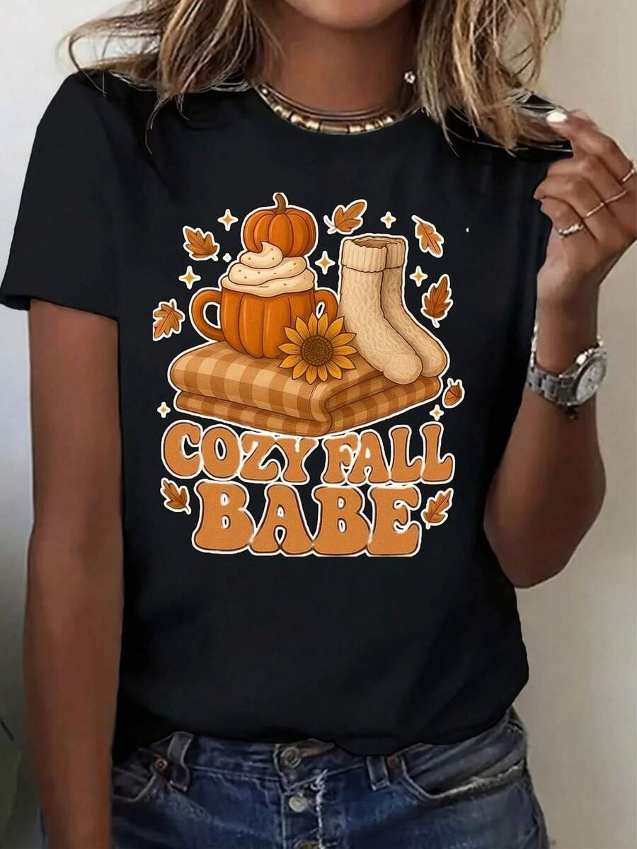 "Cozy Fall Babe" T-Shirt + Pumpkin And Coffee Print Socks + Checkered M + Autumn Leaf And Sunflower Print - Women's Autumn Season Casual Clothing Set (220g) - 黑色 - 查看 1