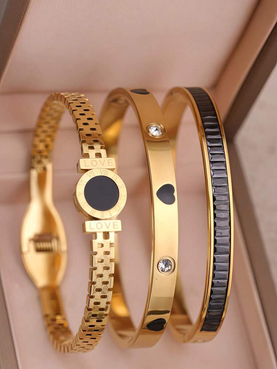 3Pcs/1pc Stackable Gold Bracelet Set | Clover & Heart & LOVE Pattern | Boho Bangle For Party & Daily Outfit - Yellow Gold - View 1