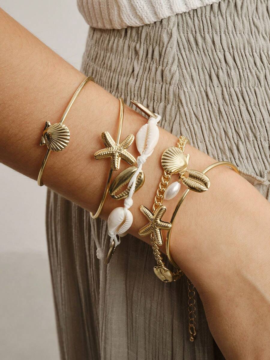 Nocturel Bộ 5 vòng tay và lắc tay phong cách Bohemian hình sao biển và vỏ sò, trang sức đi biển dành cho nữ. - Vàng - Xem 1