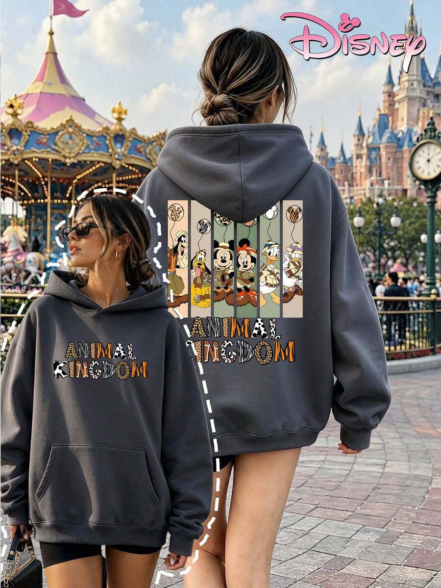 Disney Women's Hooded Sweatshirt, Unisex Sweatshirt, Leopard Print Patchwork Letter Animal Kingdom Adventure Mickey Mouse Family Sweatshirt - Dark Grey - View 1
