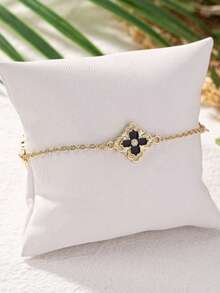 1pc Beach Vacation Style Metal Oil Drip Punk Gothic Flower Anklet, Geometric Clover Minimalist Ankle Chain, Adjustable, Suitable For Women - Black - View 4