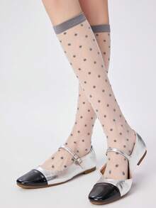 Polka Dot Floral High-Top Sheer Stockings, JK Style, Preppy Look, Perfect For Back-To-School Outfits. - Multicolor - View 5