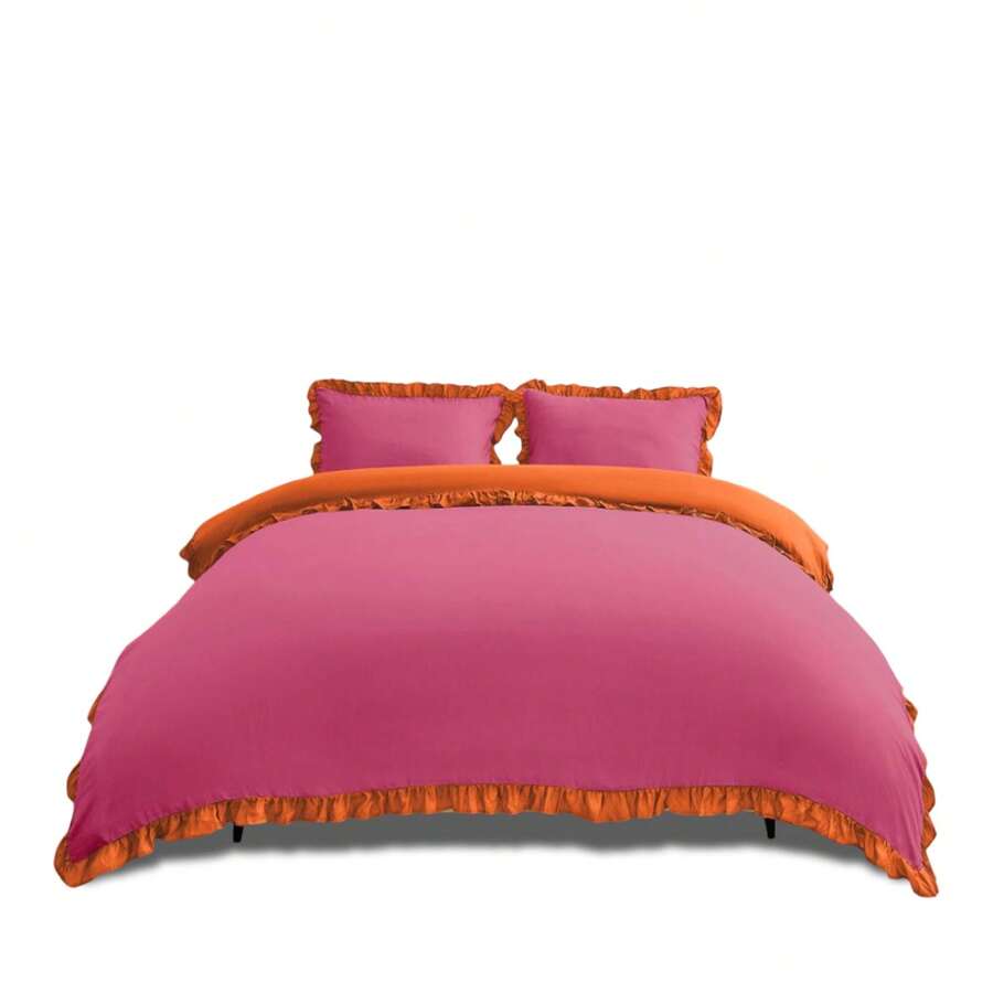 VELVETIO Luxury Kendrick Frill Duvet Cover Set Reversible Bedding Set Soft Smooth Lightweight Microfiber Polyester With Matching Pillow Cases Elegant Ruffle Edge Plain Design Single Double King - Hot Pink/Orange - View 1