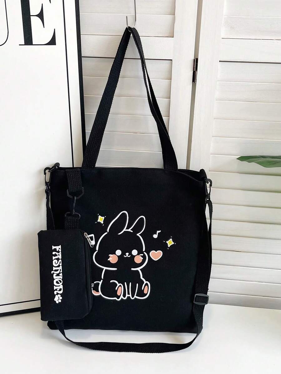 Tas Tote Kanvas untuk Siswa Sekolah Dasar dan Menengah, Tas Bimbingan Belajar Bergambar Kartun, Tas Bahu, Tas Selempang Kanvas, Ransel Serbaguna Kapasitas Besar