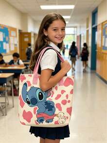 Disney 迪士尼 Lilo & Stitch 印花托特包，大容量帆布肩背包，適合海灘和日常使用，可愛 Lilo & Stitch 卡通托特包，休閒風格 - 黑色 - 查看 2