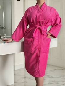 UNISEX WIDE AND LONG BATHROBE EXCELLENT ABSORPTION WITH RIBBON AND POCKETS - Hot Pink - View 3