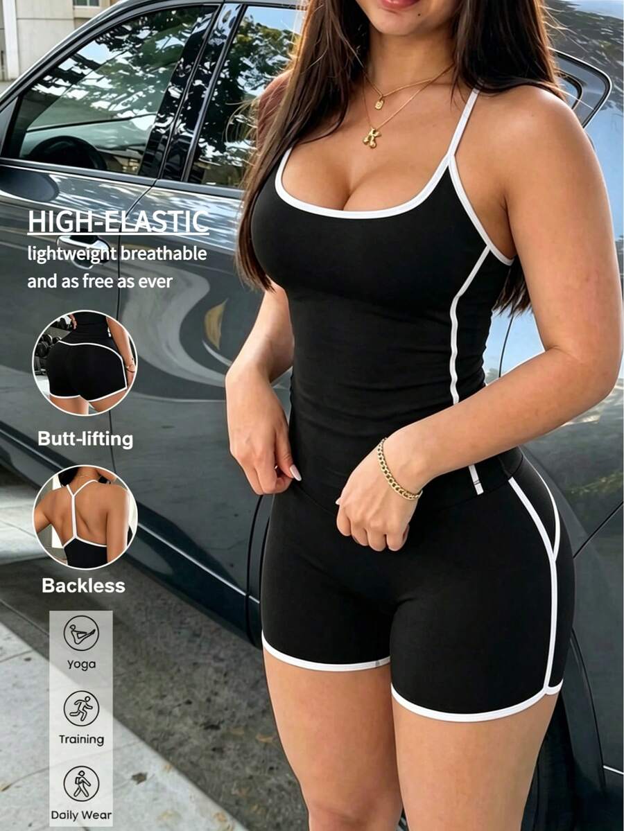 Aoqta Sports 女款 2 件套,無袖掛脖上衣與高腰提臀短褲,適合瑜伽、運動、健身及日常穿著 - 黑與白 - 查看 1