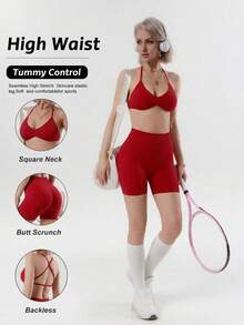 Women's Summer 2 Pieces Set Pink Top + High-Waisted Shorts Set, Suitable For Sports, Yoga, Pilates, Gym, Running, Euro Summer - Burgundy - View 7