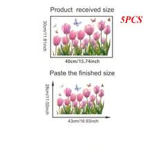 1/3/5pcs Watercolor Pink Tulip Butterfly Wall Window Decal, Self-Adhesive Removable Waterproof Vinyl Sticker For Living Room Bedroom Bathroom Baseboard Glass Door Window. Easy Peel And Stick DIY Wall Art For Home Decor. - Multicolor - View 9