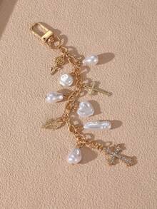 1pc Fashionable Elegant White Asymmetrical Pearl Cross Heart Flower Pendant Charm, Suitable For Daily Decoration Of Bags And Car Keychains - White - View 1