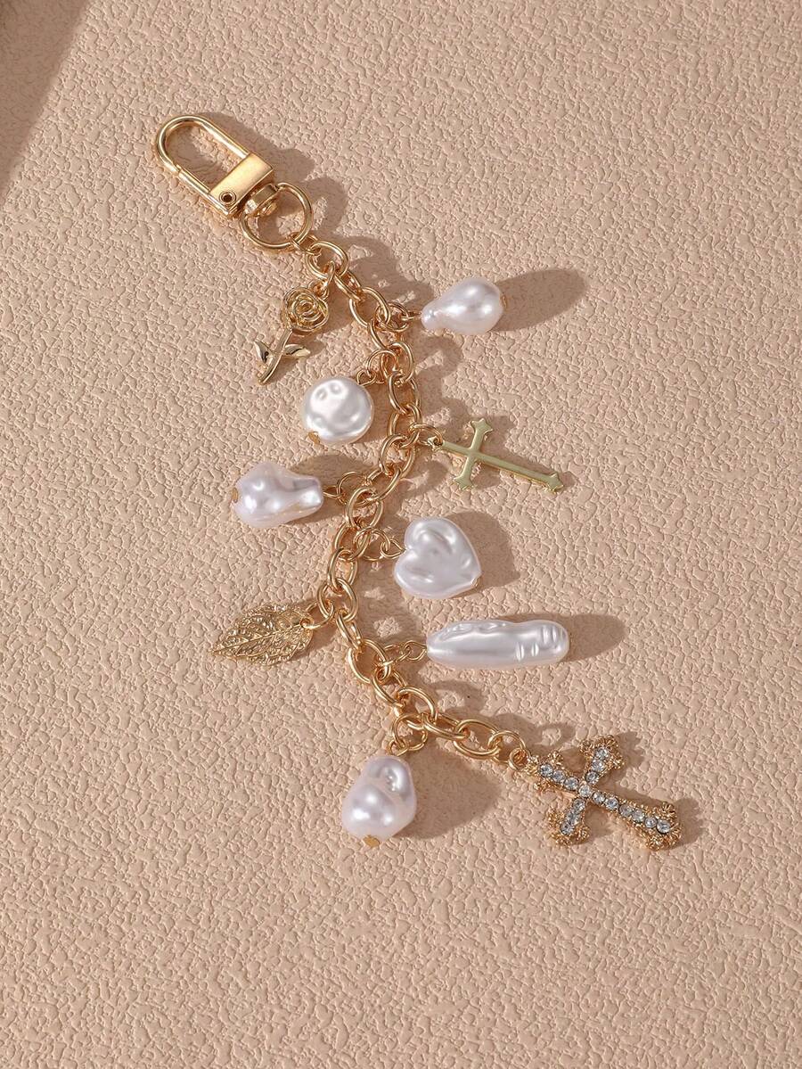 1pc Fashionable Elegant White Asymmetrical Pearl Cross Heart Flower Pendant Charm, Suitable For Daily Decoration Of Bags And Car Keychains - White - View 1