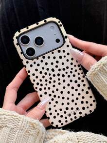 One-Piece Black Polka Dot Phone Case With A Beige Base And Hand-Painted Black Polka Dot Design, Suitable For IPhone 17 Pro Max. Stylish And Interesting Korean Phone Case, Compatible With IPhone 11/12/13/14/15/16 Pro Max Plus. Elegant Design Suitable For Both Men And Women, Ideal Gift For Easter, Wedding Season, And Birthdays For The Bride, Perfect For Spring. - 彩色 - 查看 1