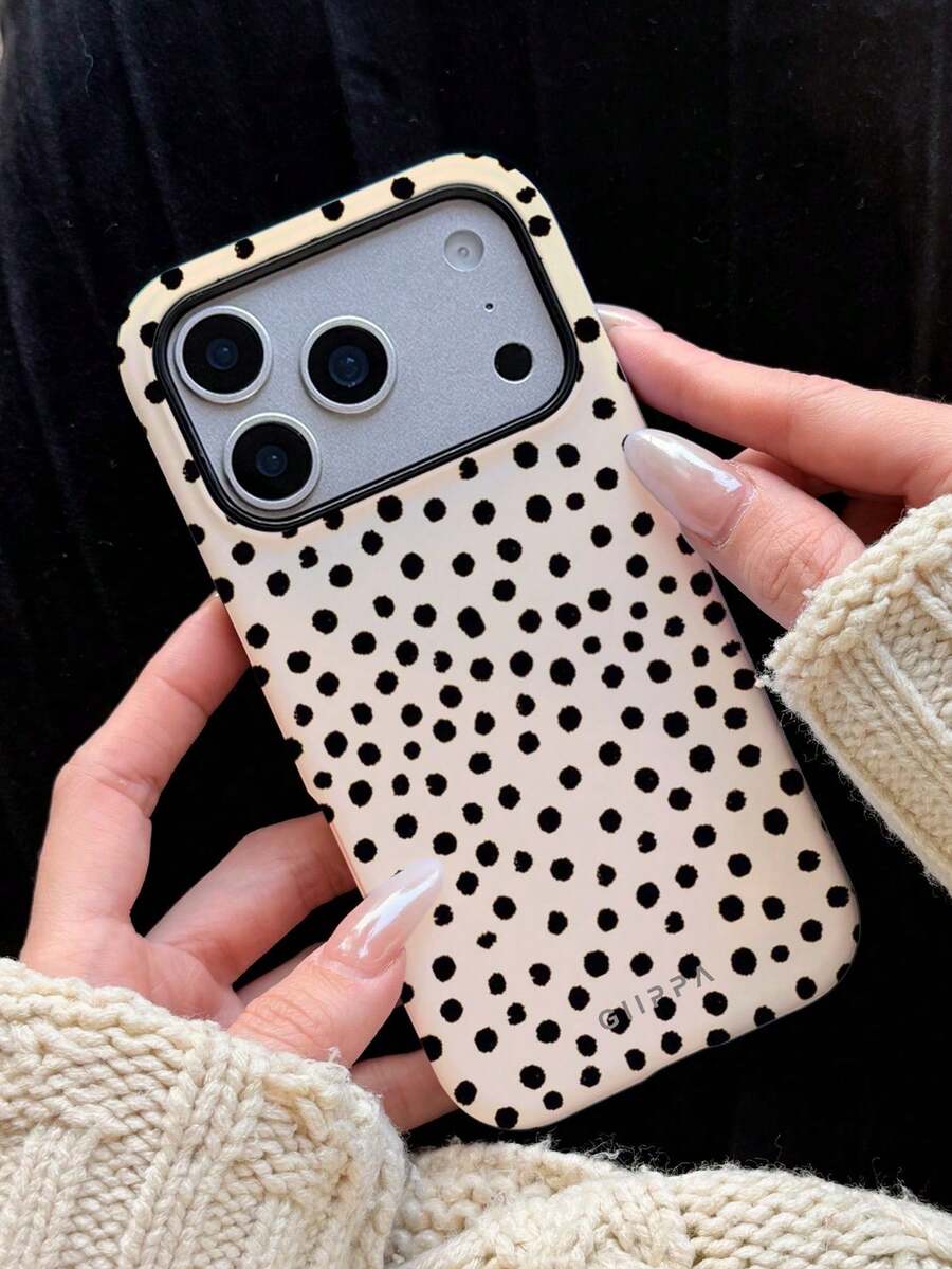 One-Piece Black Polka Dot Phone Case With A Beige Base And Hand-Painted Black Polka Dot Design, Suitable For IPhone 17 Pro Max. Stylish And Interesting Korean Phone Case, Compatible With IPhone 11/12/13/14/15/16 Pro Max Plus. Elegant Design Suitable For Both Men And Women, Ideal Gift For Easter, Wedding Season, And Birthdays For The Bride, Perfect For Spring. - 彩色 - 查看 1