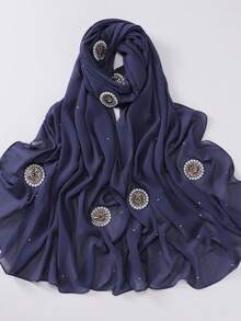 1件女款素色保守雪紡希賈布披肩，優雅裝飾極簡時尚精緻頭巾 - 淺灰蘭大圓鑽 - 查看 3