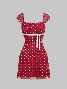 Floral Print Mesh Pleat Dress With Bow - White - View 1