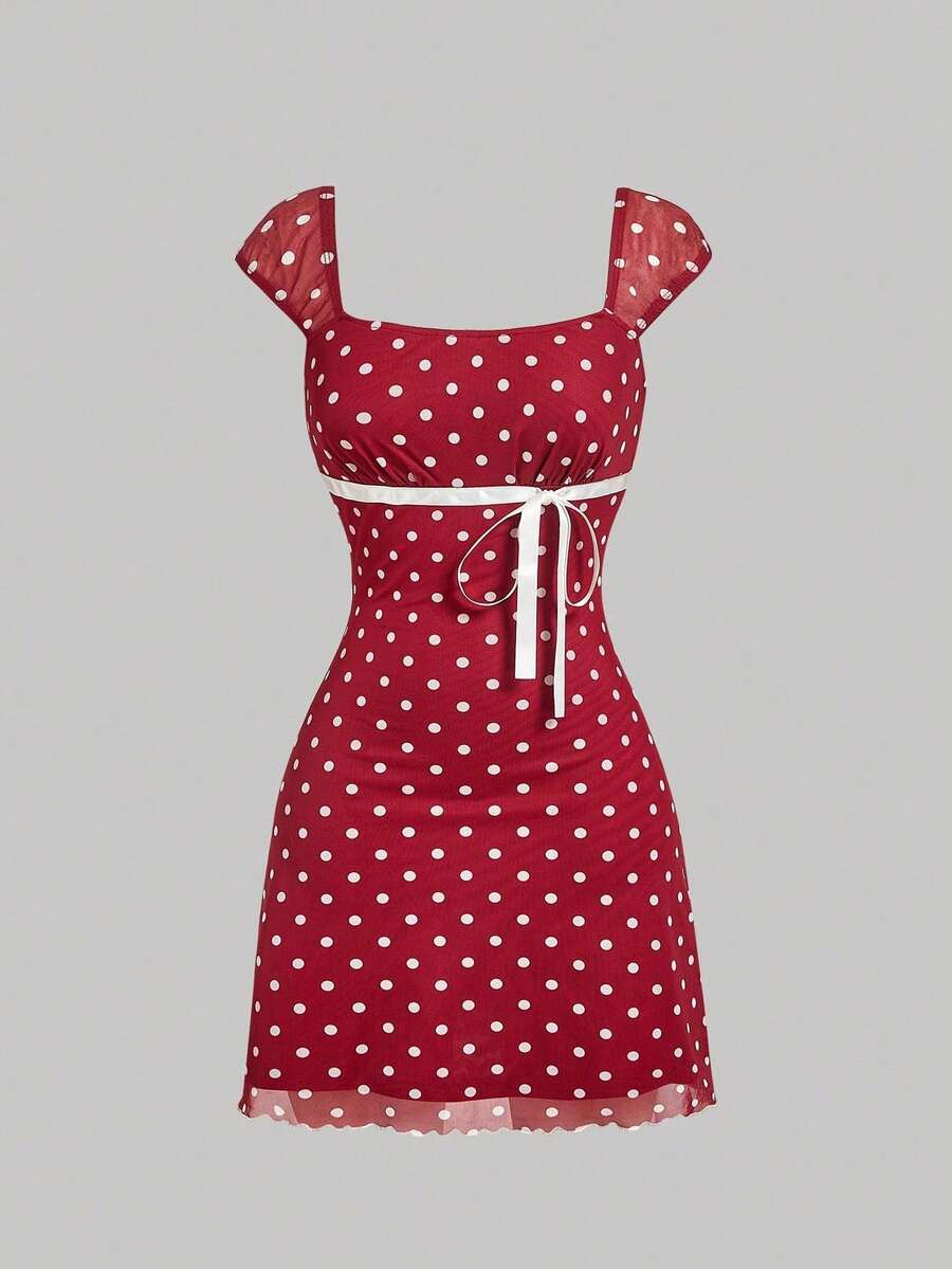 Floral Print Mesh Pleat Dress With Bow - White - View 1