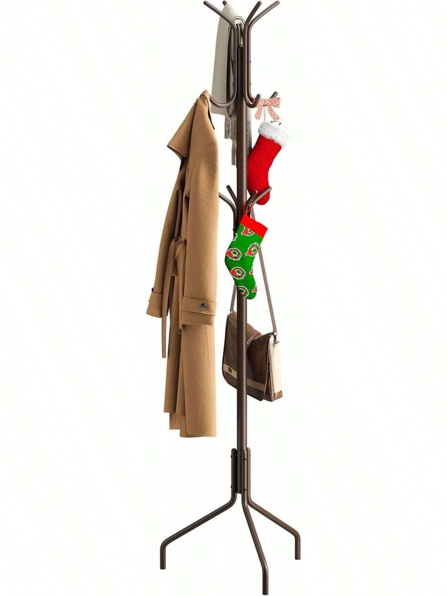 Freestanding Coat Rack, Hat Rack, Jacket Organizer, Metal, 18.3" L X 18.3" W X 71.5" H, White - Brown - View 1