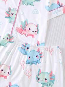 4-Season New Tween Girl's Short Pajama Set, Soft Cute Hexagonal Dragon Print, Lapel Button-Down Home Sleepwear Outfit, Summer Flame-Retardant New Short Sleeve Shorts Set, Cute Hexagonal Dragon Paired With Shell And Starfish Print, Soft Fabric, Comfortable And Breathable, Summer Holiday Party Set, Short Sleeve Shirt Lapel Button-Up Top And Elastic Shorts, Casual 4-Season Home And Outdoor Children's Loungewear - White - View 7