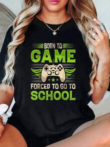 100% Algodón Nacido Para Jugar Obligado A Ir A La Escuela Camiseta de Videojuegos Para Niños Manga Corta Cuello Redondo Top Casual Para Verano y Primavera. - Negro - Ver 1