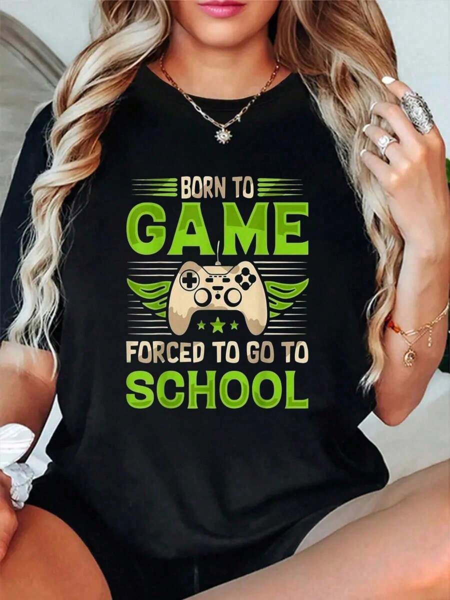 100% Algodón Nacido Para Jugar Obligado A Ir A La Escuela Camiseta de Videojuegos Para Niños Manga Corta Cuello Redondo Top Casual Para Verano y Primavera. - Negro - Ver 1