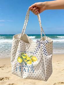 "Lemon Sorrento Italy" Pattern White Polka Dot Beach Tote Bag Set With Bow Ribbon, Large Capacity Foldable, Can Be Used As Shopping Bag, Travel Bag, Commuter Bag, Ideal For Beach Trips, Pool Parties, Shopping And Daily Use, Suitable For Women, Travelers And Beach Lovers, Perfect For Spring Break, Easter, Vacation And Gifts, Can Be Used As Beach Bag, Shopping Bag And Travel Companion - Multicolor - View 4