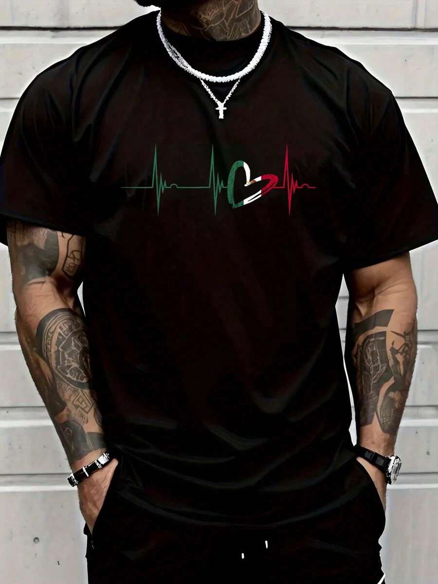 2026 Women's Blouses 100% Cotton, T-Shirt With Mexican Heart Design, Mexican Flag, Heartbeat, EKG, Pulse, Mexican Pride, Graphic T-Shirt For Women And Men - 灰色 - 查看 1