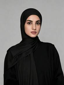 1pc Women's Simple Classic Solid Color Elegant Casual Hemmed Scarf Premium Knit Modal Jersey Hijabs Scarf Long Turban Headscarf Suitable For Daily Life And Outings - Black - View 3