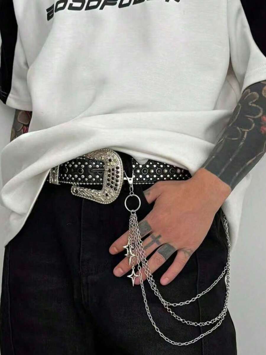 1 pieza Cadena de pantalones multicapa, accesorio de cintura estilo hip-hop, adecuado para atuendos de calle, fiesta, joyería de regalo - Plateado - Ver 1