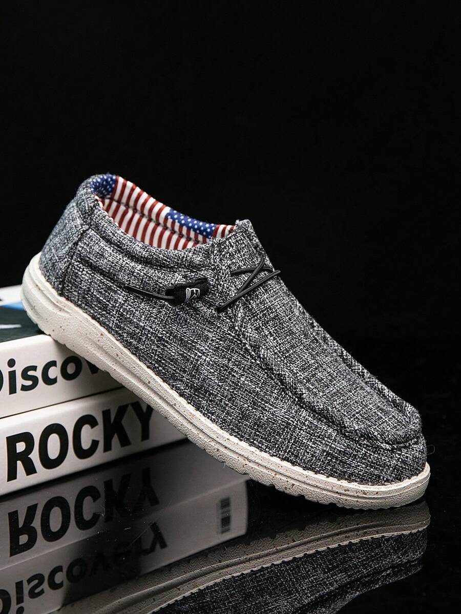 Men's Designer Pure Black Canvas Patchwork Striped National Flag Pattern Low-Top Casual Shoes, Versatile Comfortable Convenient Slip-On Loafers Boat Shoes