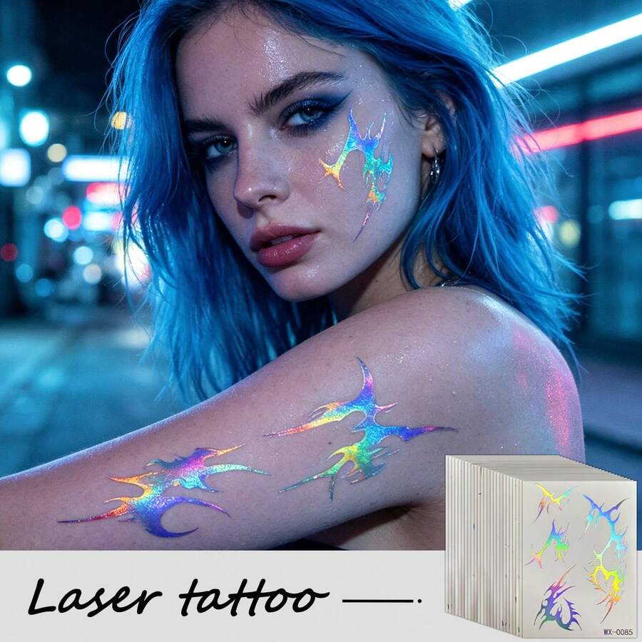 K-Pop Demon Temporary Tattoo Stickers 25pcs - Anime Hunter Halloween Cosplay Costume Temporary Tattoo Stickers Purple And Laser Multicolor Striped Tattoo Stickers - 銀色 - 查看 1