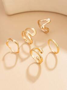5pcs Ins Asymmetrical Line Wave Design Metallic Glossy Toe Rings, Beach Vacation Style Stackable Open Toe Rings - Gold - View 8