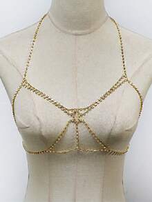 1pc Minimalist Party Top For Women With Chest Chain, Sexy Nightclub Bikini Hollow Rhinestone Accessory - Gold - View 3