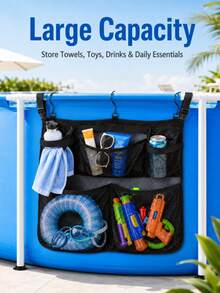 1pc/Set Large Capacity Hanging Pool Storage Organizer Bag, Foldable Mesh Toy Storage Bag With Multiple Pockets, Hooks And Adjustable Shoulder Strap, Suitable For Above Ground Pool, Bathroom And Outdoor Accessories - Multiple Styles - View 3