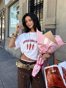 Women's White Round Neck T-Shirt, Chili Style Small Red Letters Print, Y2K Streetwear Style, Casual Loose Knit Top, Cute Basic Tee For Summer - White - View 3