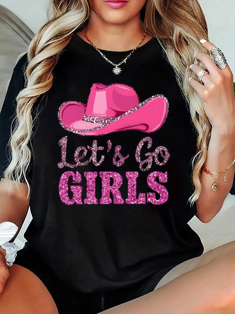 Camiseta Mujer Manga Corta Cuello Redondo Estampado, Blusa Casual Corte Relajado, Top Básico Versátil para Diario y Vacaciones de Verano - Negro - Ver 1
