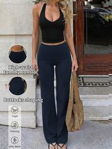 1 Pair Women's Solid Color Loose Yoga Wide Leg Pants, Comfortable Fitted Versatile, Suitable For Running, Fitness And Yoga Spring - Navy Blue - View 4