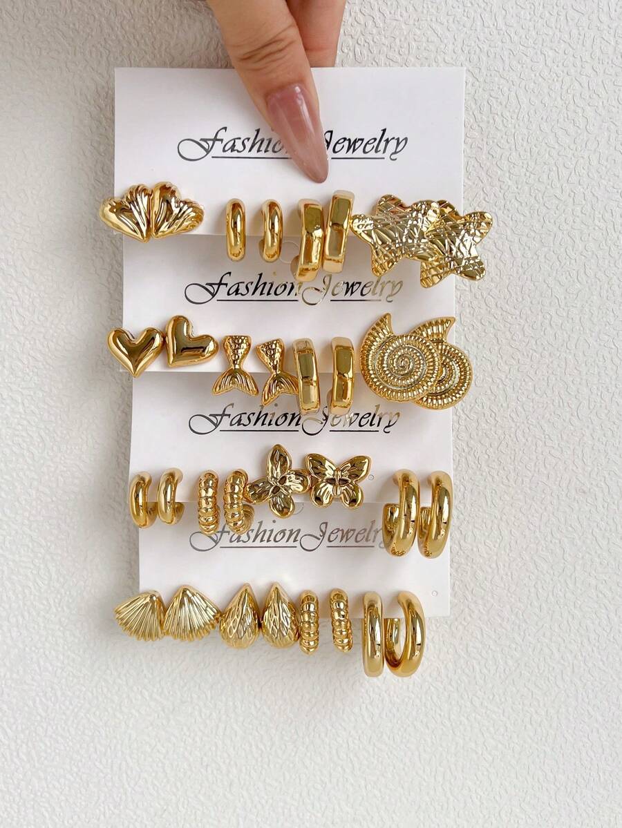16 Pairs European And American New Style Gold Shell Ocean Creative Design Vacation Old Money Style Retro Street Y2K Geometric Exaggerated Fashion Boutique Earrings Set Combination For Women Graduation Birthday Party Ramadan Mother's Day Valentine's Day Christmas New Year Daily Wear - Multicolor - View 1