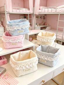 可愛蝴蝶結桌面收納籃鏤空蕾絲圓形收納盒迷你零食收納籃縫紉收納盒可存放化妝品、護膚品 - 查看 7