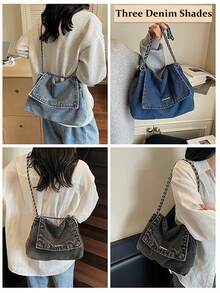 Vintage Denim Bag For Women Casual Chain Shoulder Bag Large Crossbody Purse Travel Bag Summer Tote Bag Travel Essential Back To School Cowgirl - Multicolor - View 16