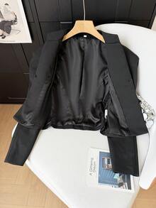 GMFP 女款軍風金色鈕扣長袖立領短版黑色夾克，優雅復古，適合外出聚會，2026 秋冬女款 - 碳黑色 - 查看 8