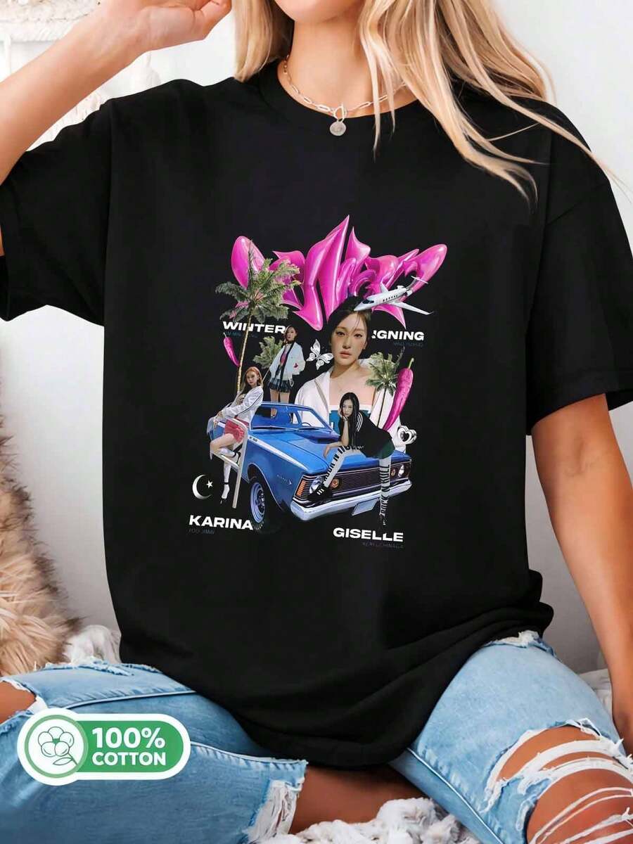 Aespa MY WORLD Pink Y2K Collage T-Shirt - 黑色 - 查看 1