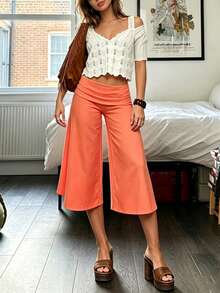 Fold Over Wide Leg Capri Pants For Women Low Rise Lounge Yoga Flare Culottes Y2k Flowy Crop Palazzo Pants - 橘色 - 查看 8