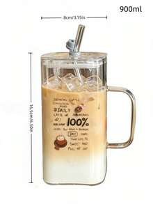 1/2件裝 極簡耐熱透明玻璃杯附吸管與PP材質杯蓋 900ml INS風字母大容量玻璃杯，適合冰拿鐵咖啡、隨行飲品、果汁與思摩奇，女性理想禮物，適用辦公室、水杯、夏季清爽飲品，生日、節日、情人節與復活節 - 彩色 - 查看 4