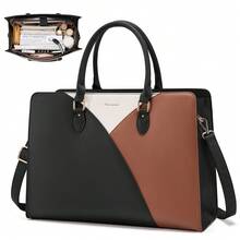 Women's Waterproof Tricolor PU Leather Office Tote Bag, Fits 15.6" Laptop, Detachable Strap, Stylish Design, Ideal For Office, Meetings, Shopping, Air Travel And Everyday Use - 黑色 - 查看 7