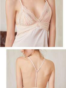 European And American Style Heavy Lace Deep V Neck Spaghetti Strap Nightgown, Twisted Design Slimming Faux Silk Short Dress, Backless Lightweight Breathable Home And Outdoor Wear Women's Pajamas - Pink - View 3