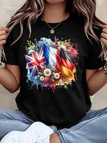 Women's Floral Print T-Shirt With UK, France, And German Flags, Casual Summer Top, International Travel Gift, R - 黑色 - 查看 1